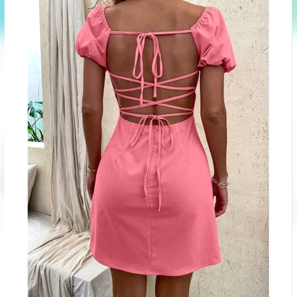 Niay Summer Dress Ruched Bust Puff Sleeve Square Neck Lace-up Back Sz XL - Picture 9 of 10